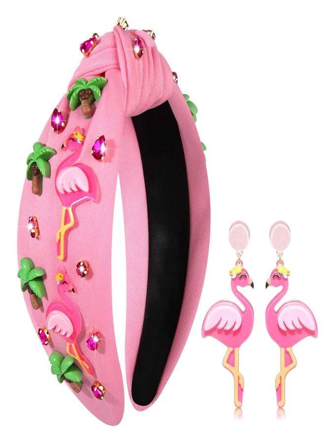 YAHPERN Jeweled Tropical Beach Vacation Flamingo Knotted Headband with Rhinestone Crystals and Wide Top Knot for Women (Flamingo 2) - Image 1
